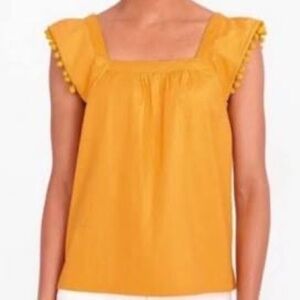 J Crew Women’s Mustard Square Neck Pom Pom Sleeves Top Size 6